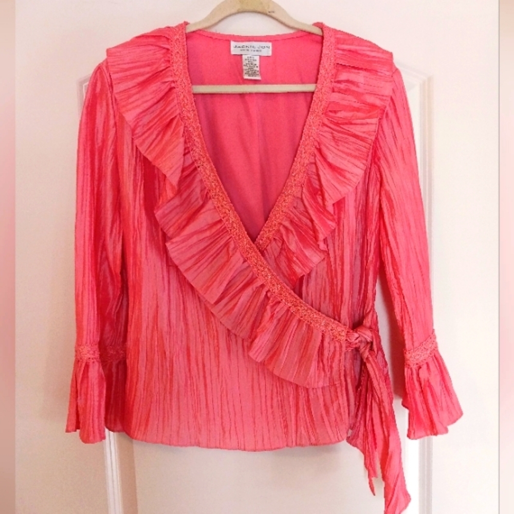 Crinkle Wrap Mother Of Bride Top Blouse Coral Ruffles Size 10